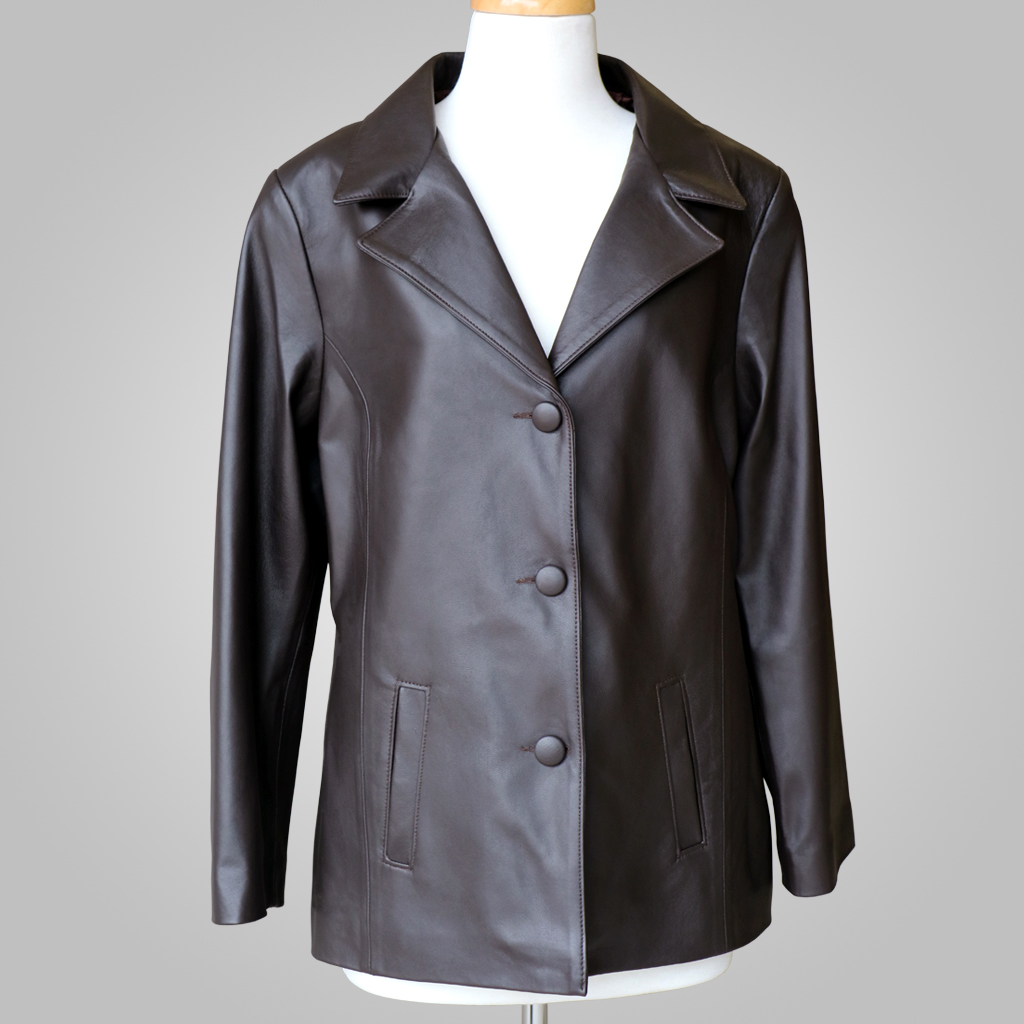 Front view of L'Aurore Grace 007 brown lambskin leather jacket for women displayed on a white mannequin against a plain grey background.