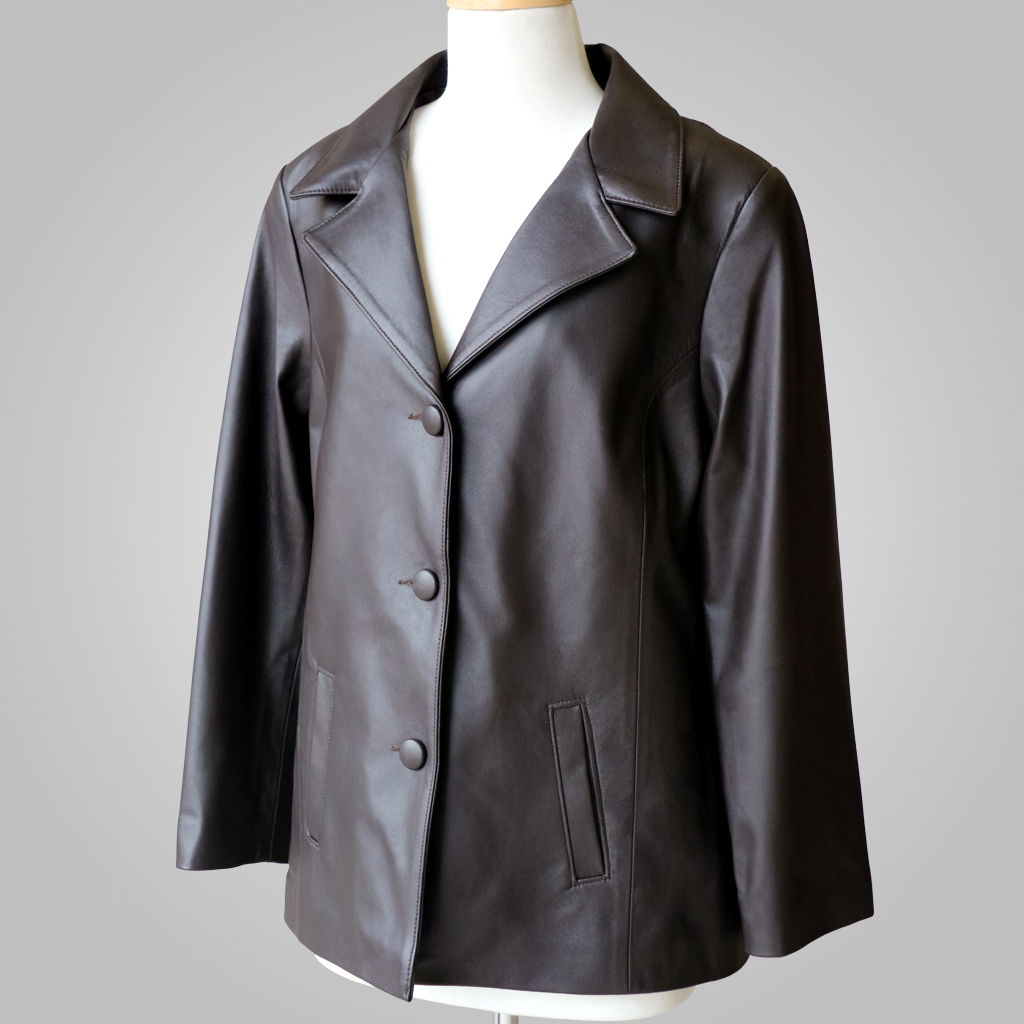 Three-quarter side angle view of L'Aurore Grace 007 women's premium brown leather jacket on a mannequin, showcasing its structural drape.