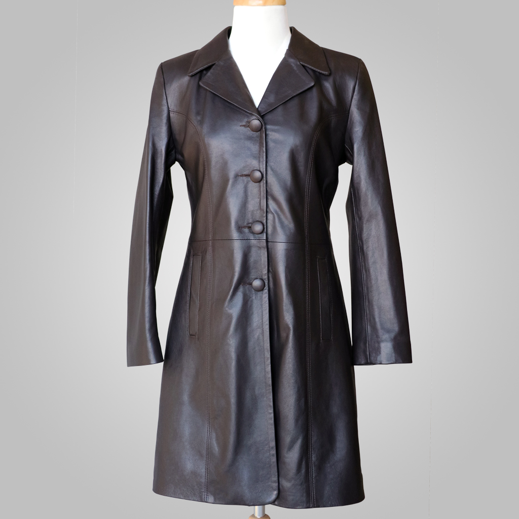 Front view of L'Aurore Tina 009 dark brown leather trench coat for women on a mannequin, plain grey background.