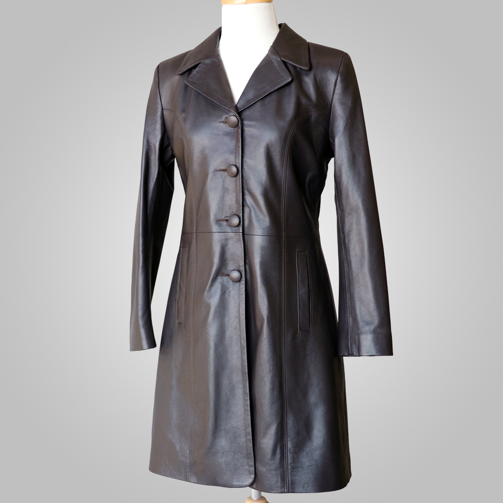 Three-quarter side angle view of L'Aurore Tina 009 women's tailored brown leather coat on a mannequin.